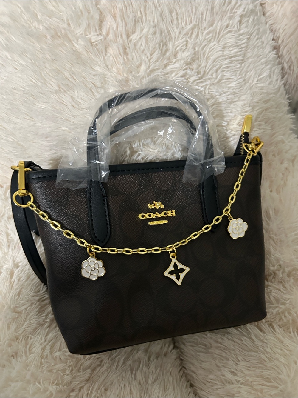 Coach Brown Signature Mini Satchel with Gold Charm Chain
